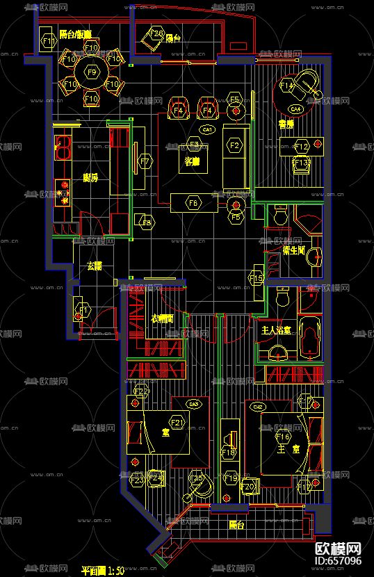 北京朗琴园十号楼C户型装修样板房CAD施工图下载（渲染图1）