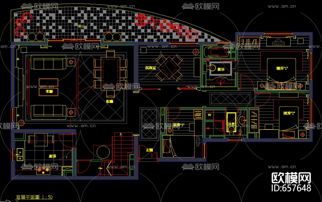 名园集团装修样板房CAD施工图下载（渲染图1）