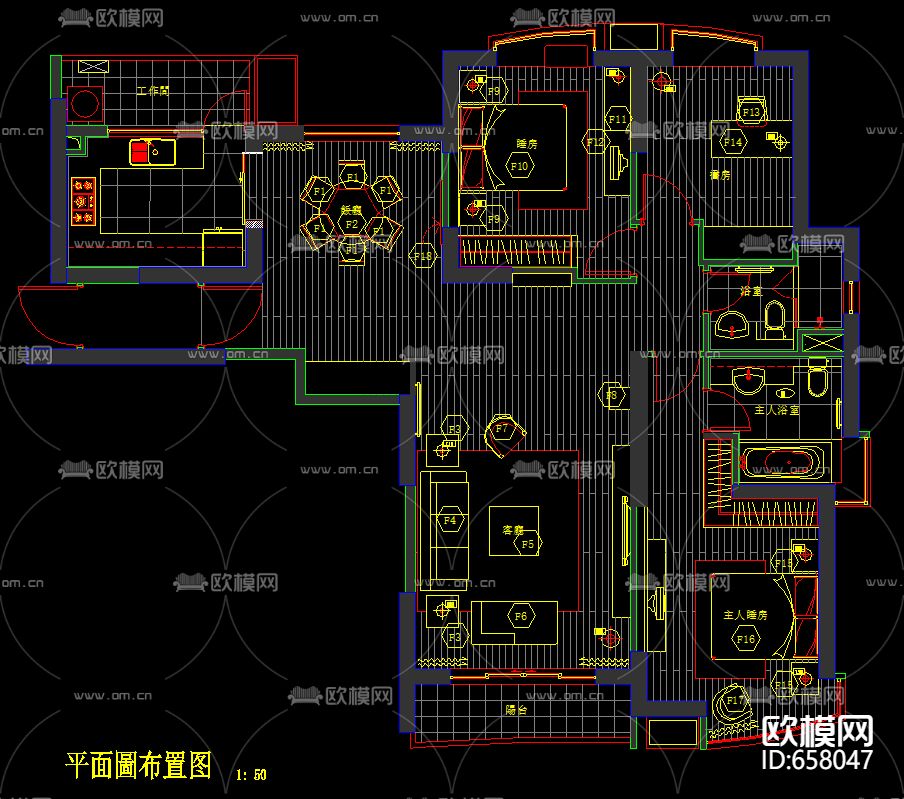 上海南丹东三房装修CAD施工图下载（渲染图1）