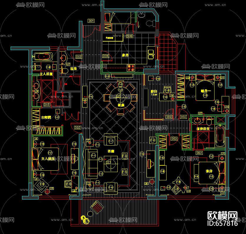 上海东方曼克样板房装修CAD施工图下载（渲染图1）