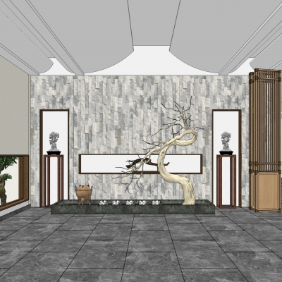  新中式门厅过道su模型 