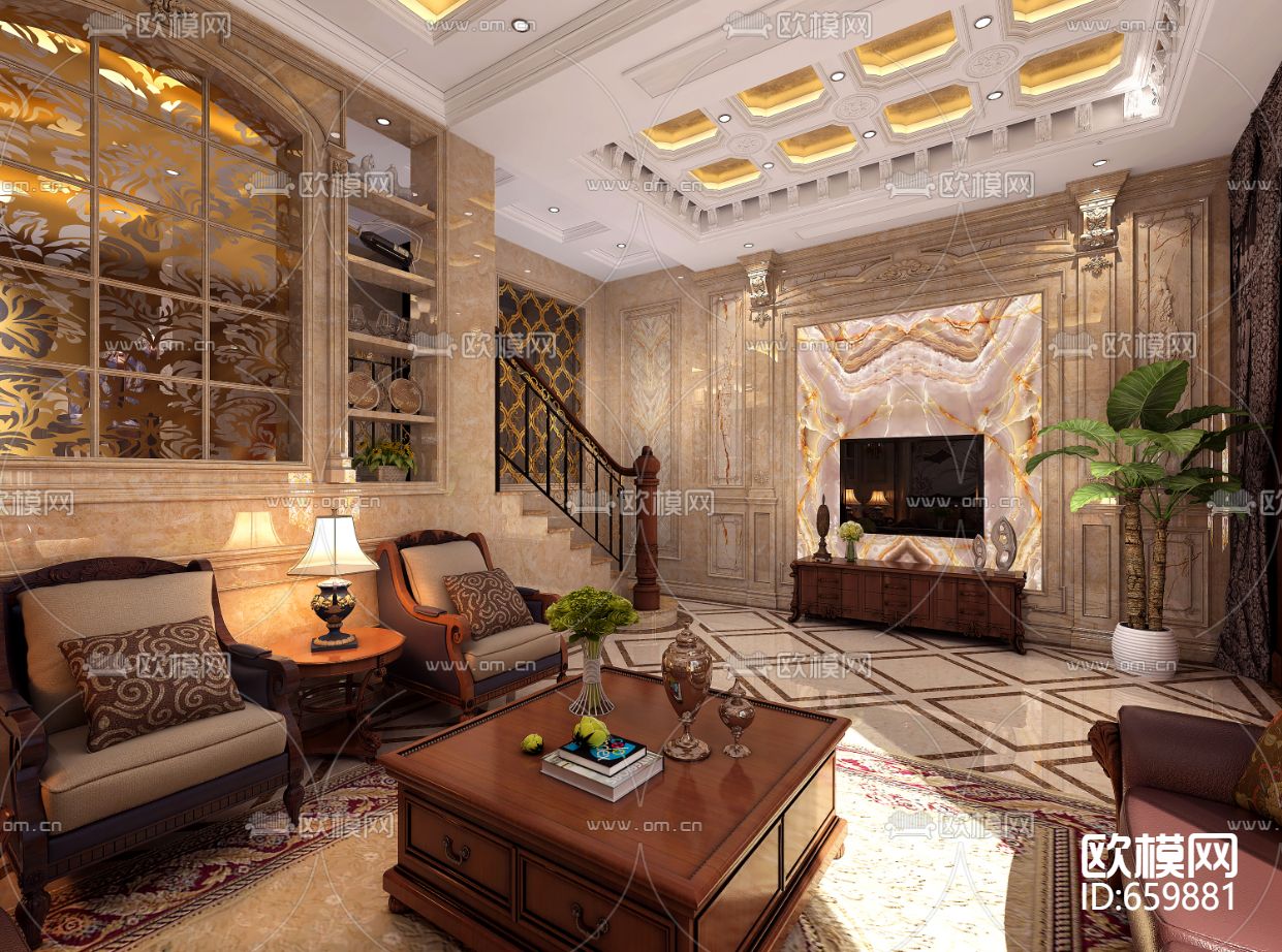 美式餐厅客厅卧室CAD施工图下载（渲染图7）