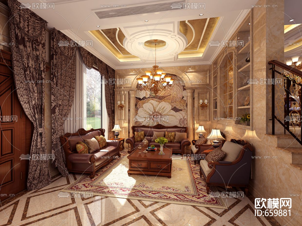 美式餐厅客厅卧室CAD施工图下载（渲染图6）