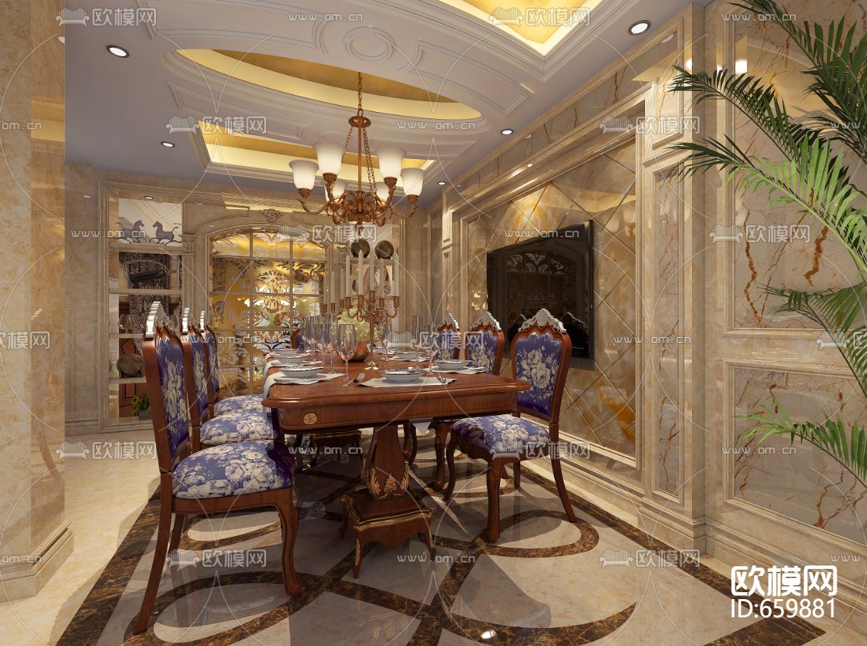 美式餐厅客厅卧室CAD施工图下载（渲染图4）