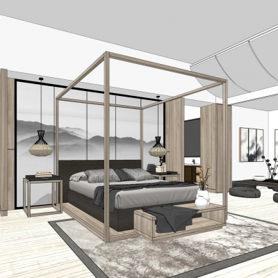 新中式卧室主人房su模型