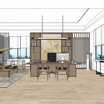  新中式总经理室su模型 