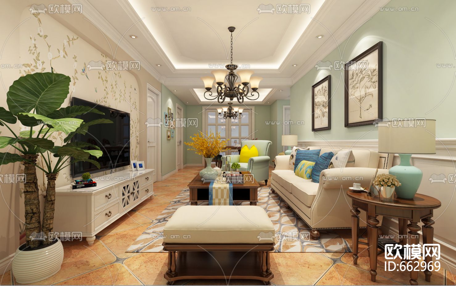 景乐雅苑美式客厅卧室CAD施工图下载（渲染图5）