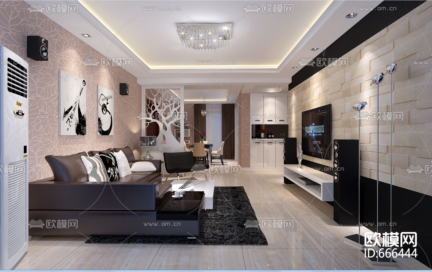 翡翠花园现代客餐厅CAD施工图下载（渲染图1）