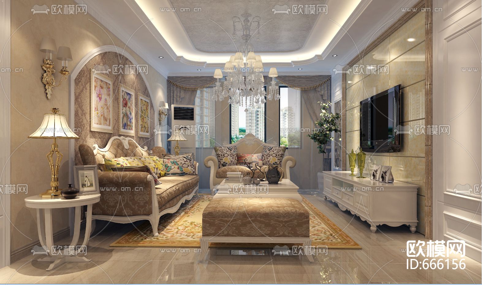 东湖明珠简欧客餐厅卧室CAD施工图下载（渲染图3）