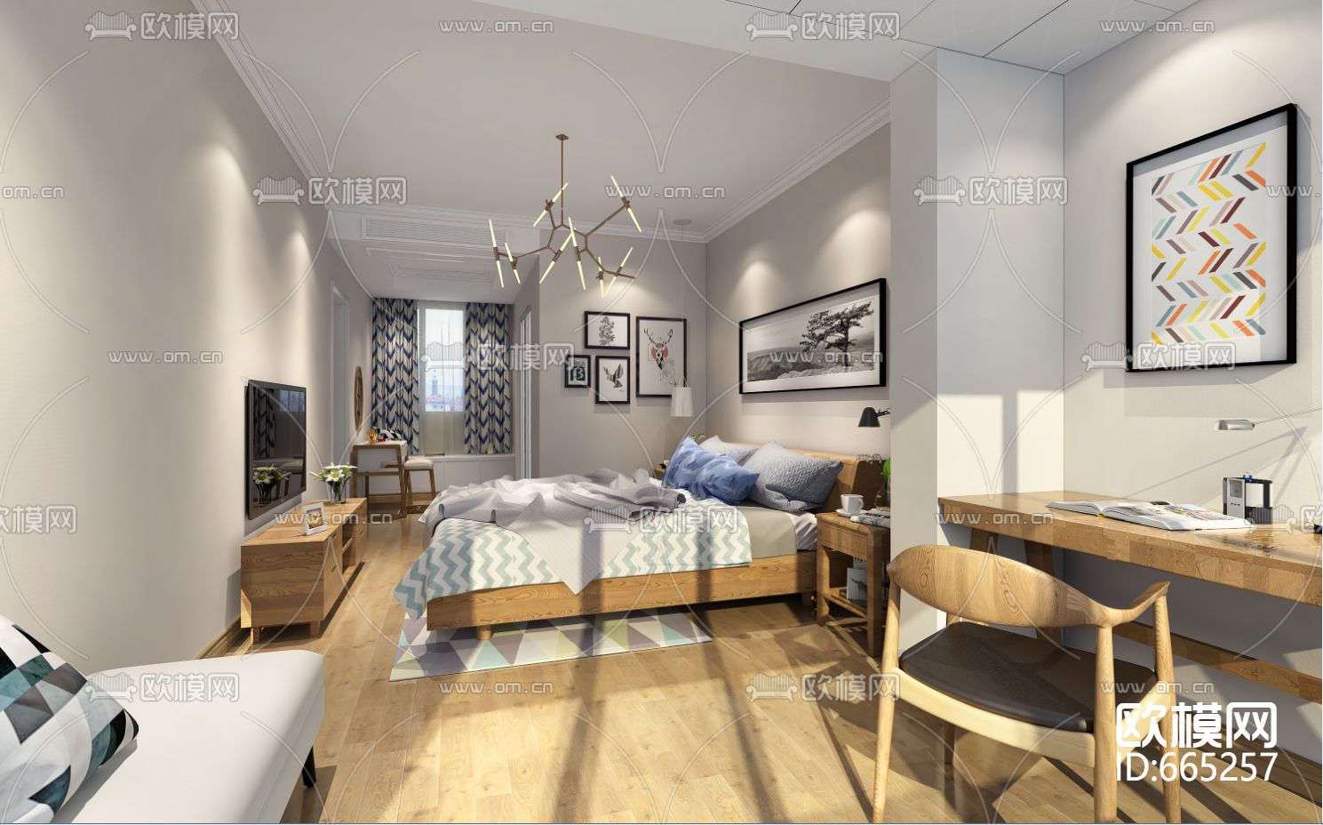 海德城北欧客餐厅卧室CAD施工图下载（渲染图2）