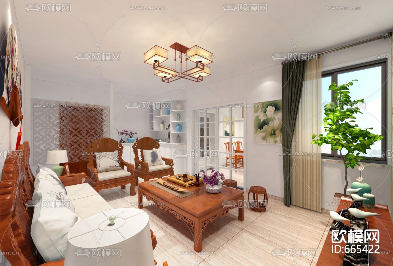 新桥佳苑新中式客餐厅卧室CAD施工图下载（渲染图3）