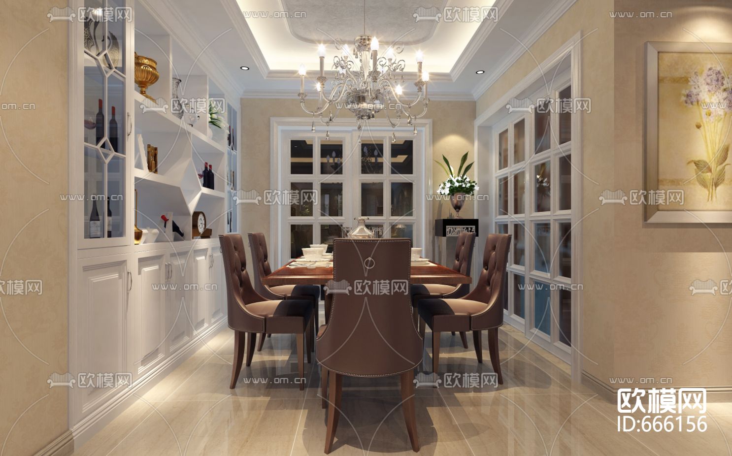 东湖明珠简欧客餐厅卧室CAD施工图下载（渲染图7）