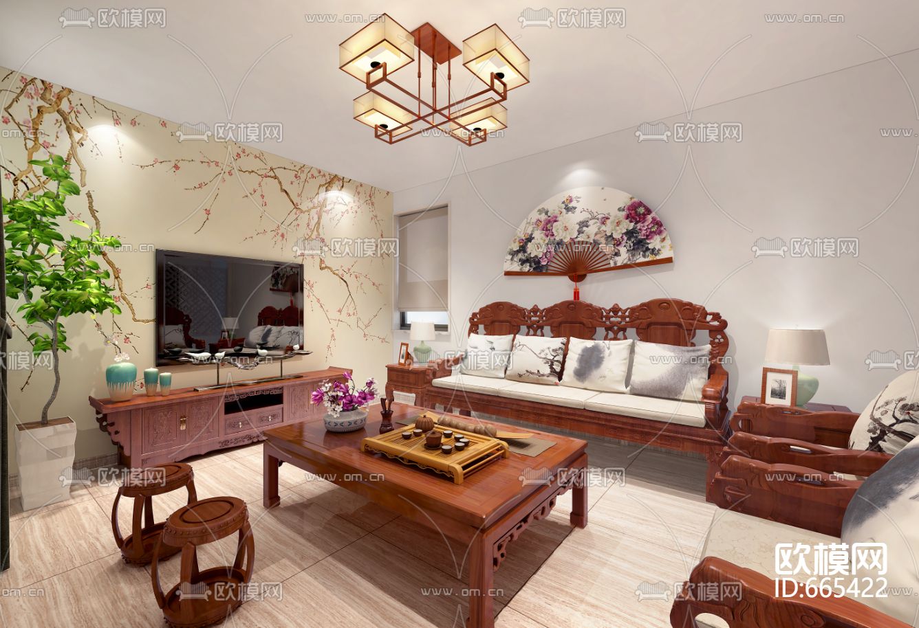 新桥佳苑新中式客餐厅卧室CAD施工图下载（渲染图1）