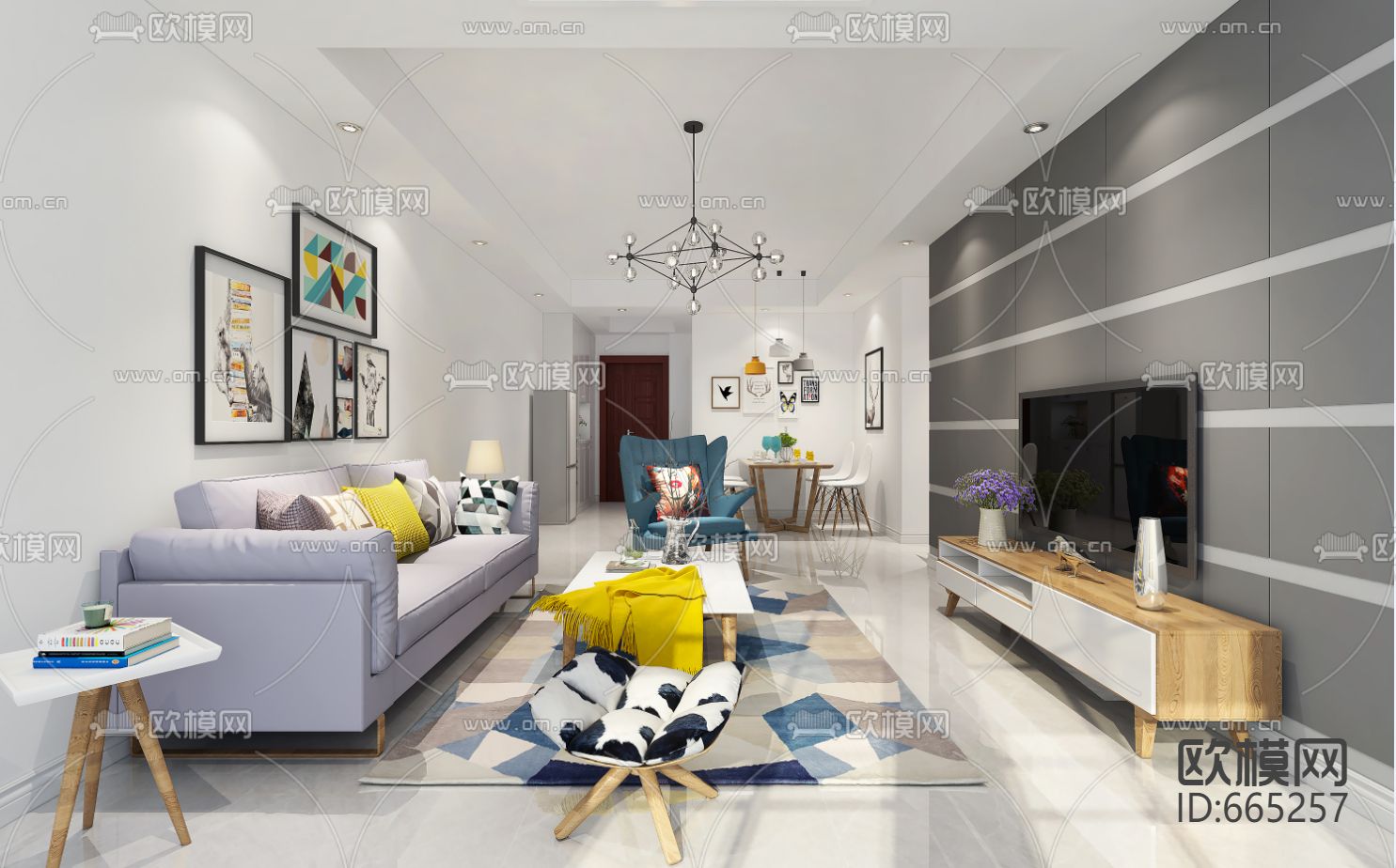 海德城北欧客餐厅卧室CAD施工图下载（渲染图1）