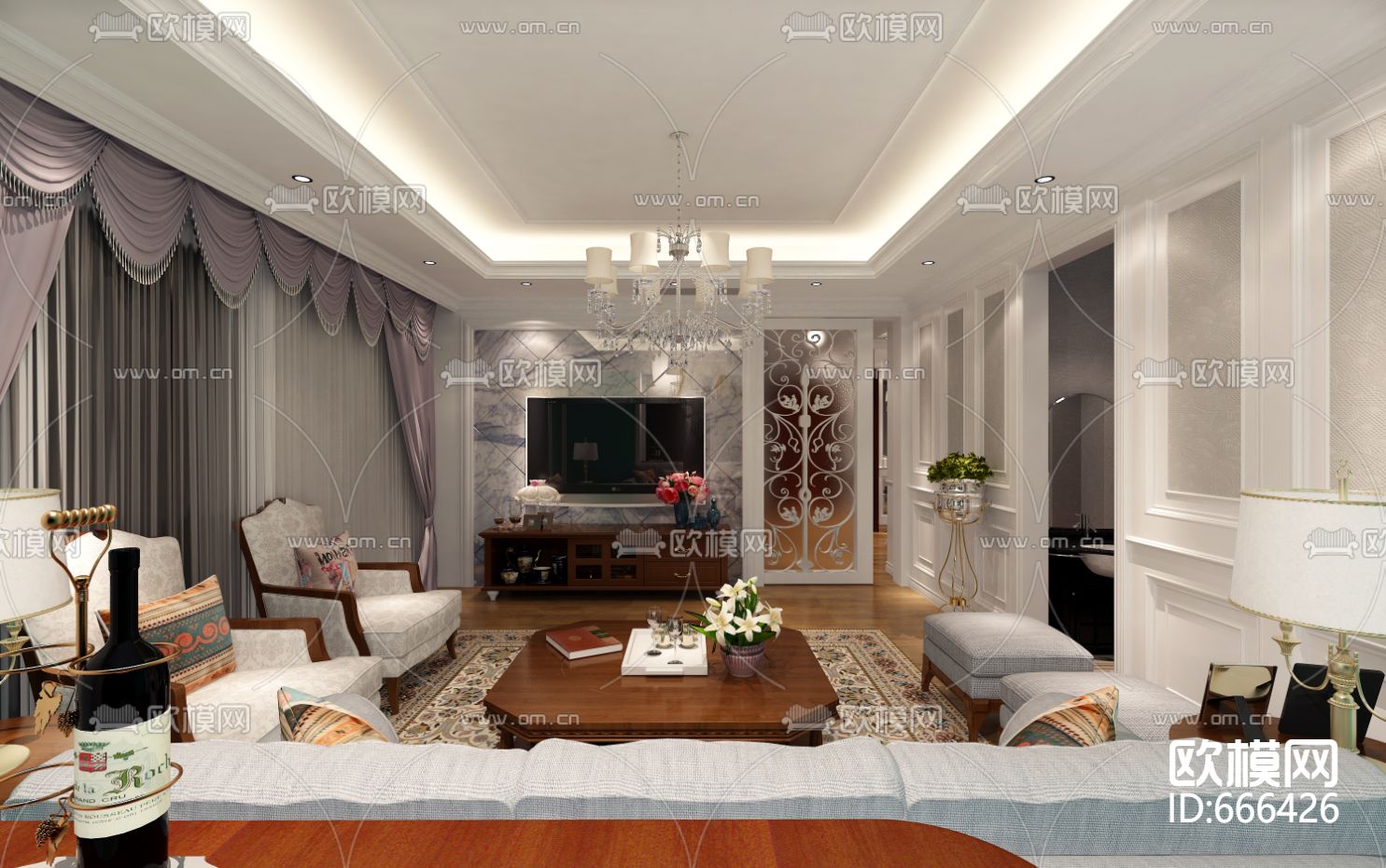 东湖雅苑简美复式客餐厅卧室CAD施工图下载（渲染图1）