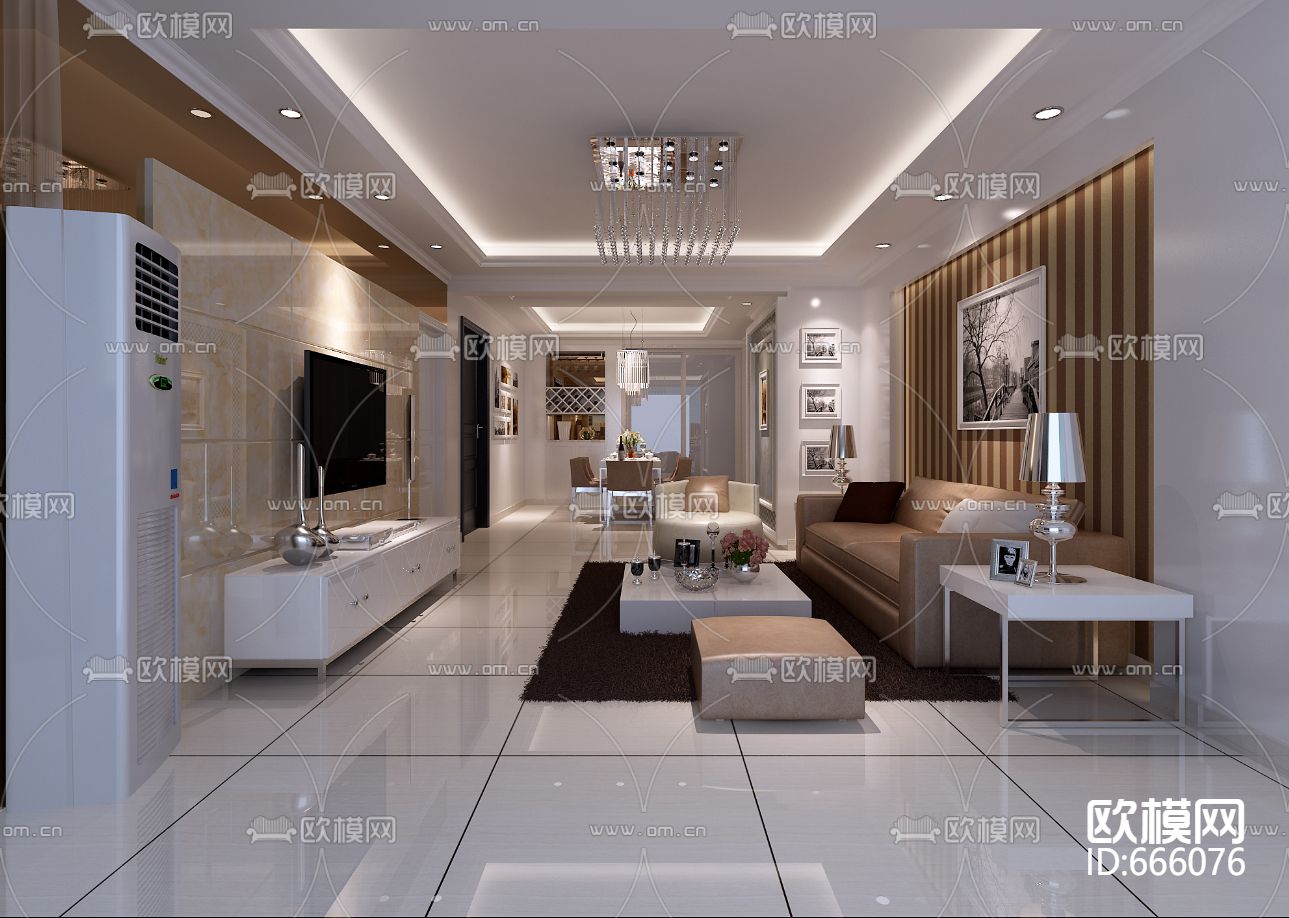 星洲城市花园现代简约客餐厅卧室CAD施工图下载（渲染图1）