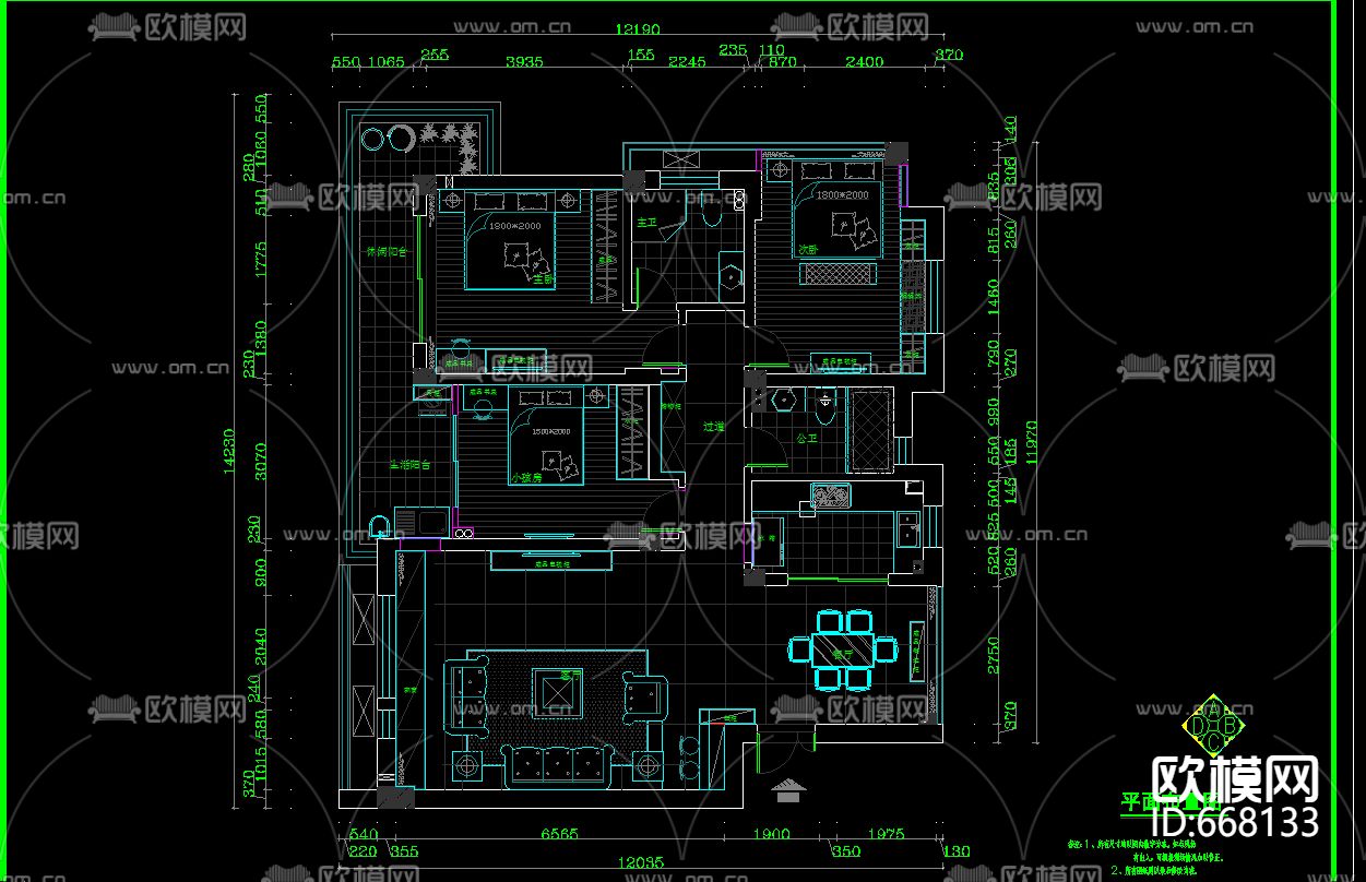 金色港湾美式田园客餐厅卧室CAD施工图下载（渲染图3）
