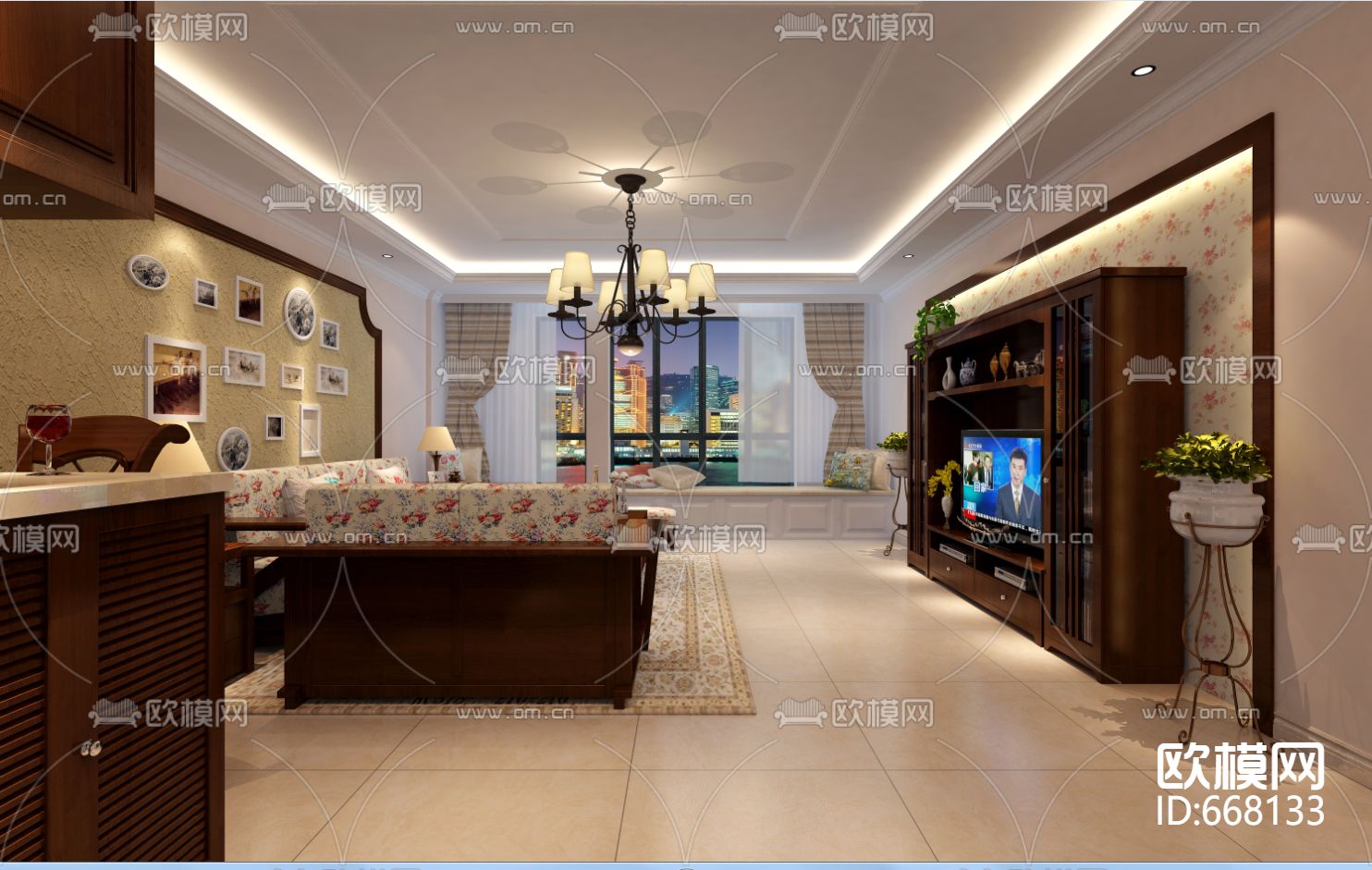 金色港湾美式田园客餐厅卧室CAD施工图下载（渲染图7）