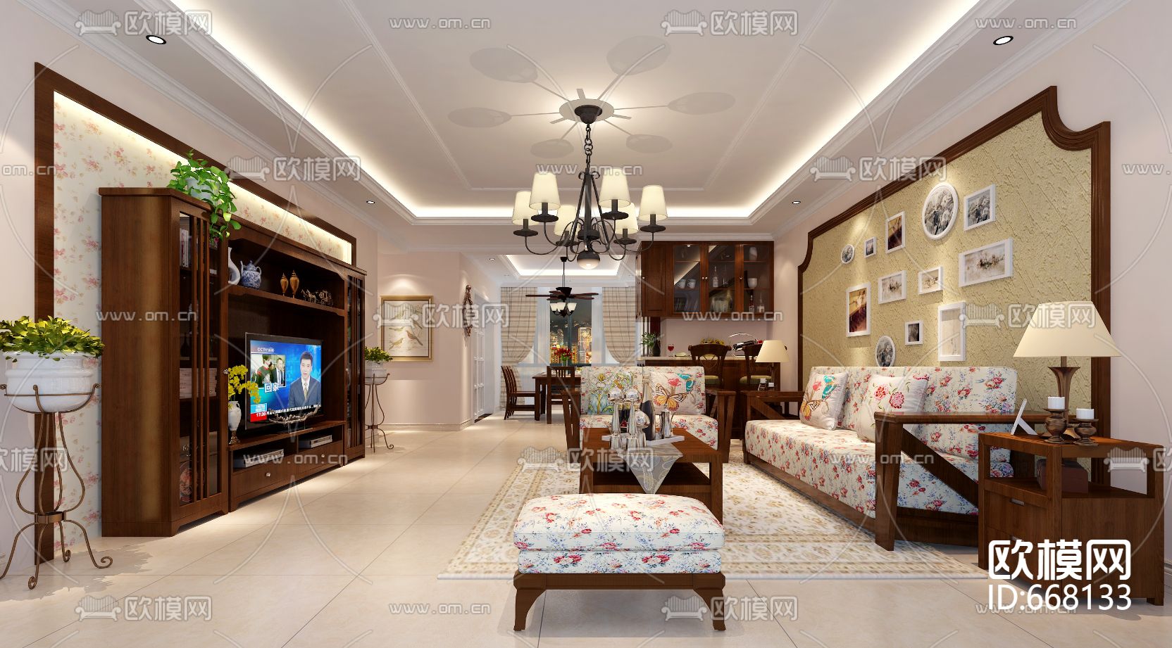 金色港湾美式田园客餐厅卧室CAD施工图下载（渲染图1）