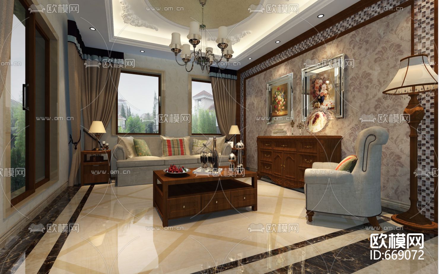 御龙湾美式古典客餐厅卧室CAD施工图下载（渲染图8）