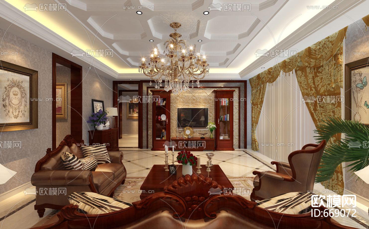 御龙湾美式古典客餐厅卧室CAD施工图下载（渲染图1）