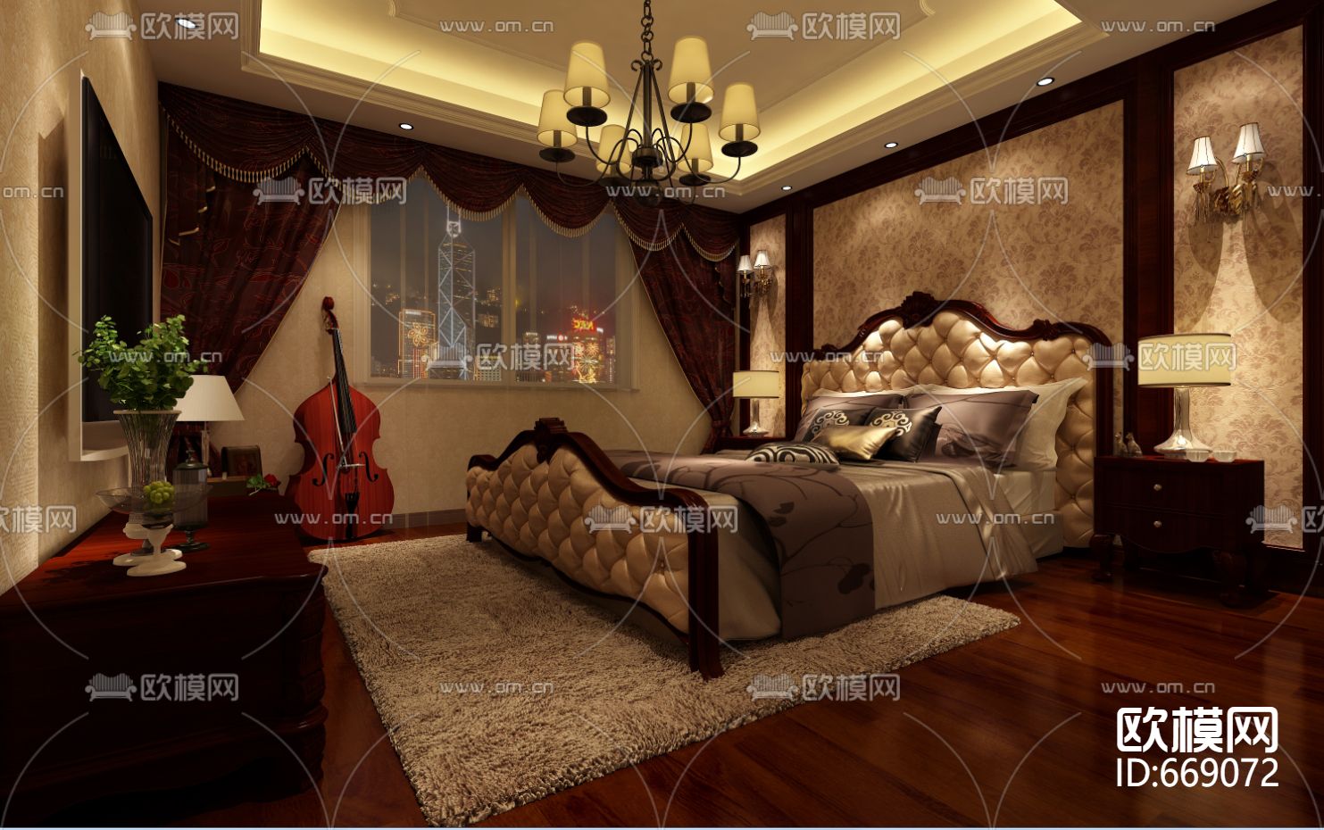 御龙湾美式古典客餐厅卧室CAD施工图下载（渲染图7）