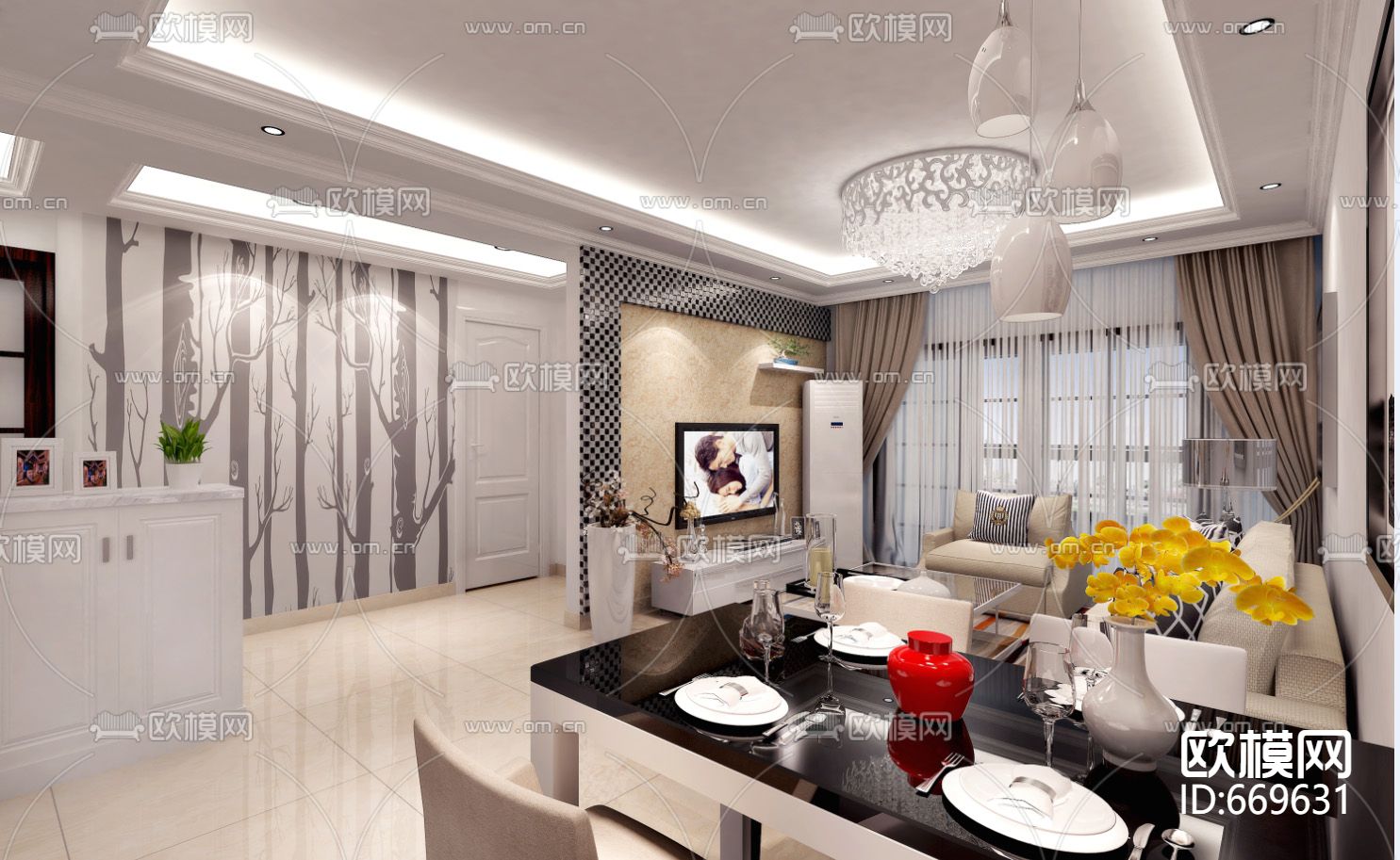 万孚尊园现代客餐厅卧室CAD施工图下载（渲染图1）