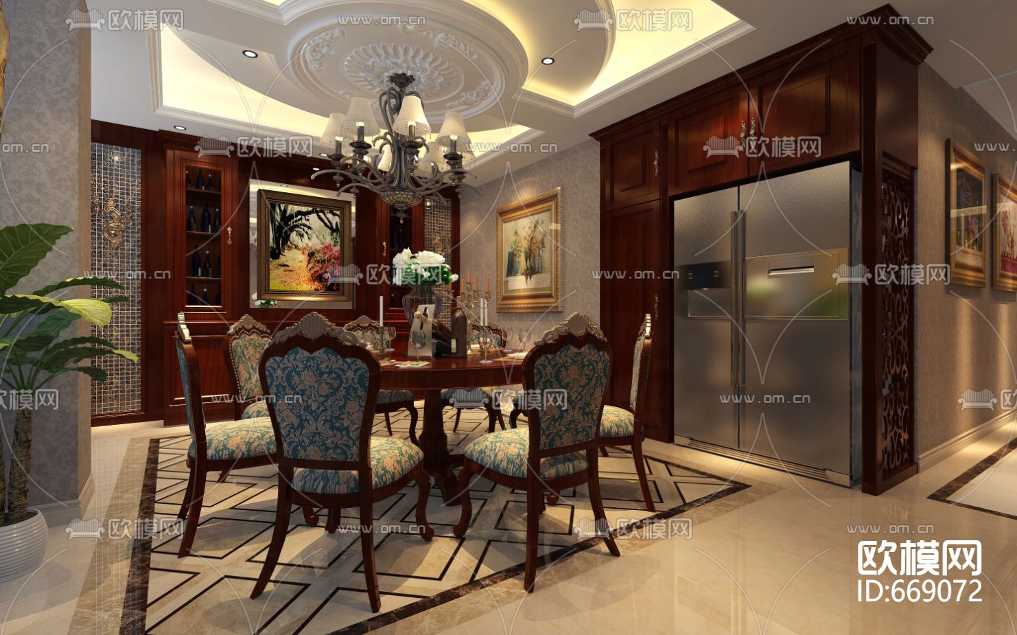 御龙湾美式古典客餐厅卧室CAD施工图下载（渲染图11）