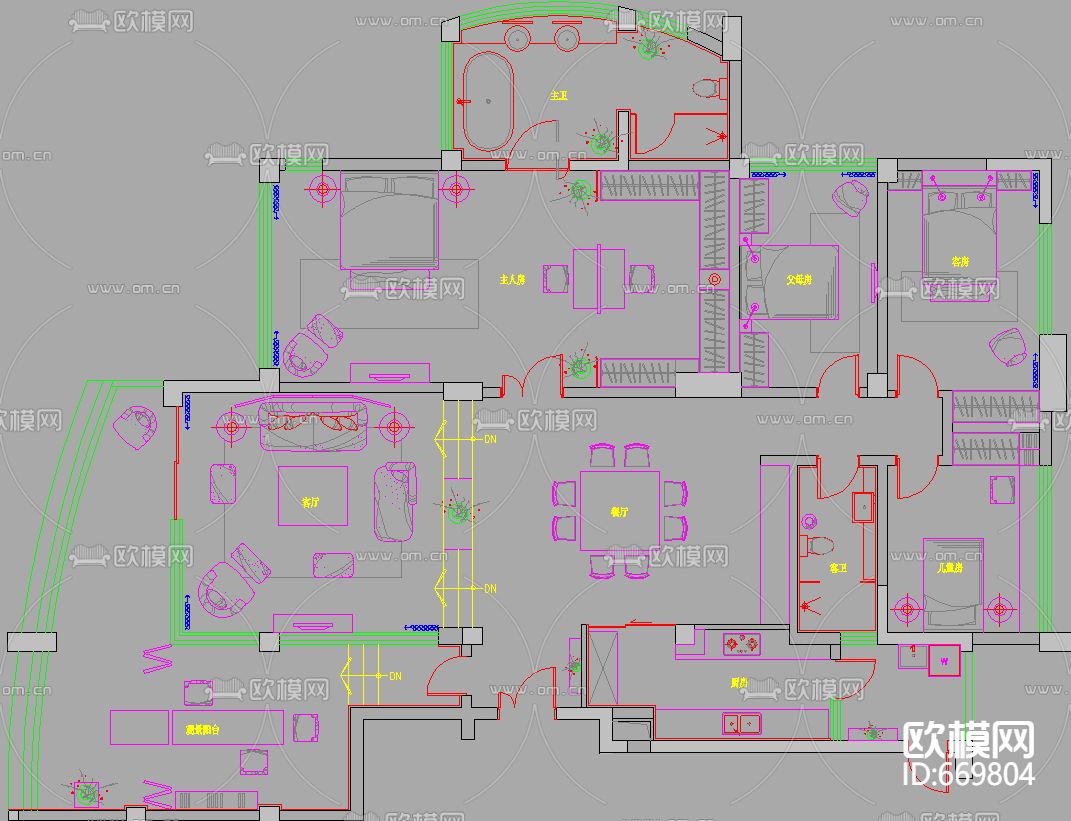 武汉东湖天下样板房装修CAD施工图下载（渲染图1）