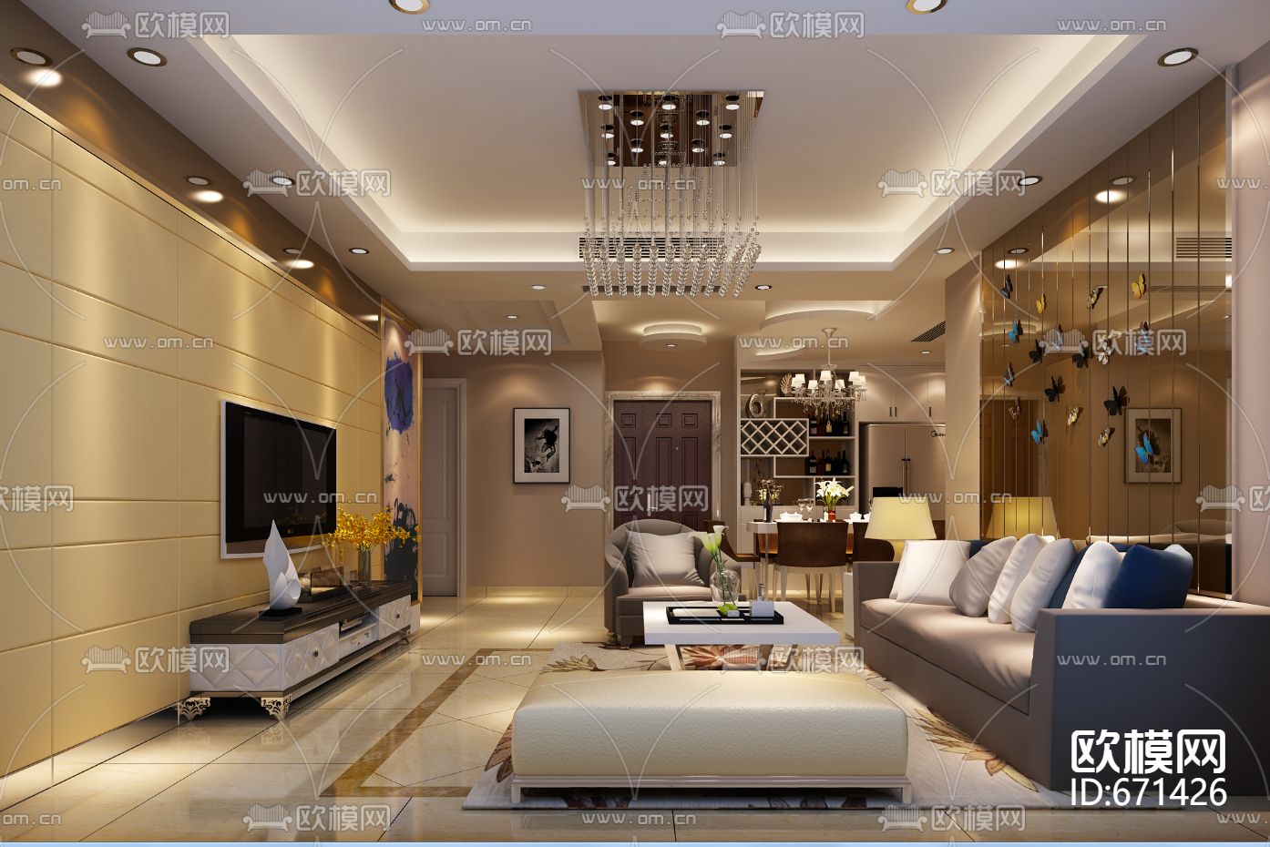 星洲城市花园现代客餐厅CAD施工图下载（渲染图1）