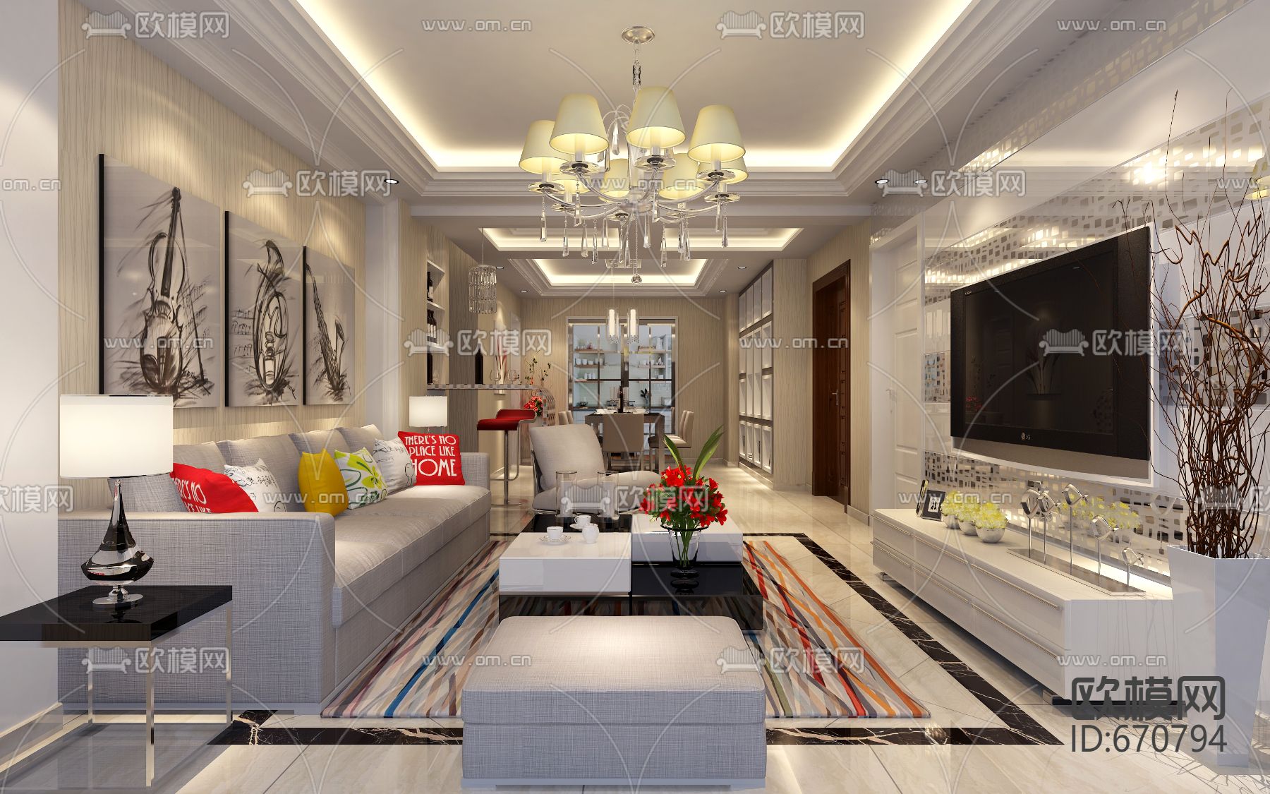 星洲城市花园现代客餐厅卧室CAD施工图下载（渲染图1）