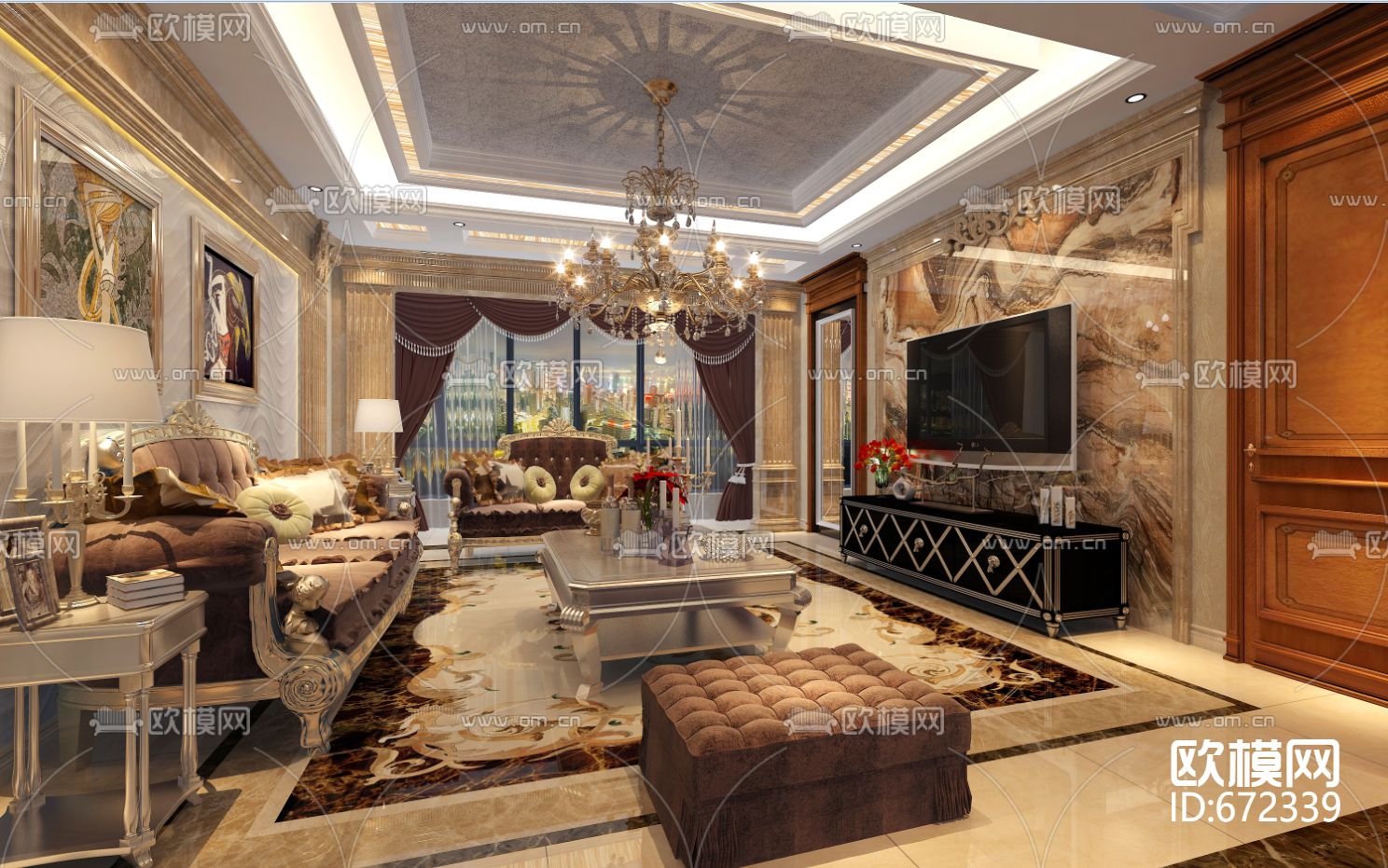 东湖雅苑新古典客餐厅卧室CAD施工图下载（渲染图1）