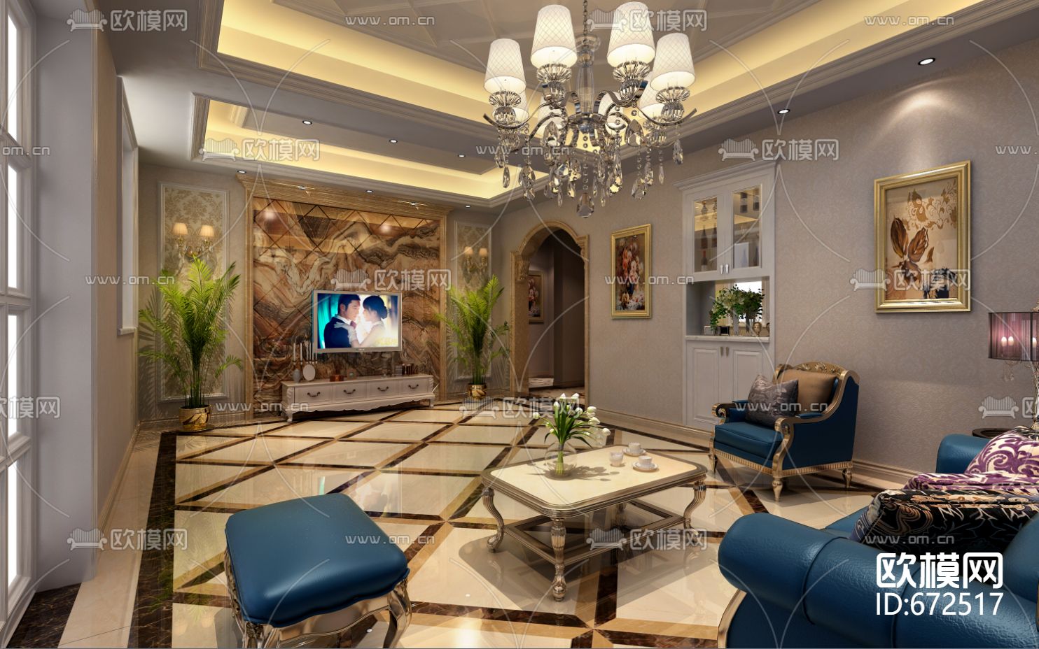 黄姑自建别墅简欧客餐厅卧室CAD施工图下载（渲染图1）