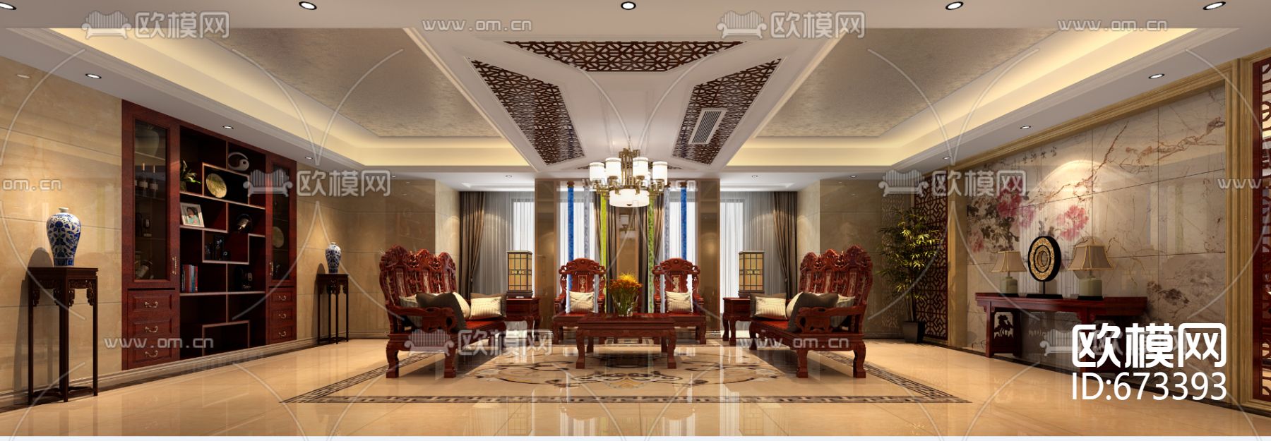 龙盛蓝郡中式别墅客餐厅CAD施工图下载（渲染图8）