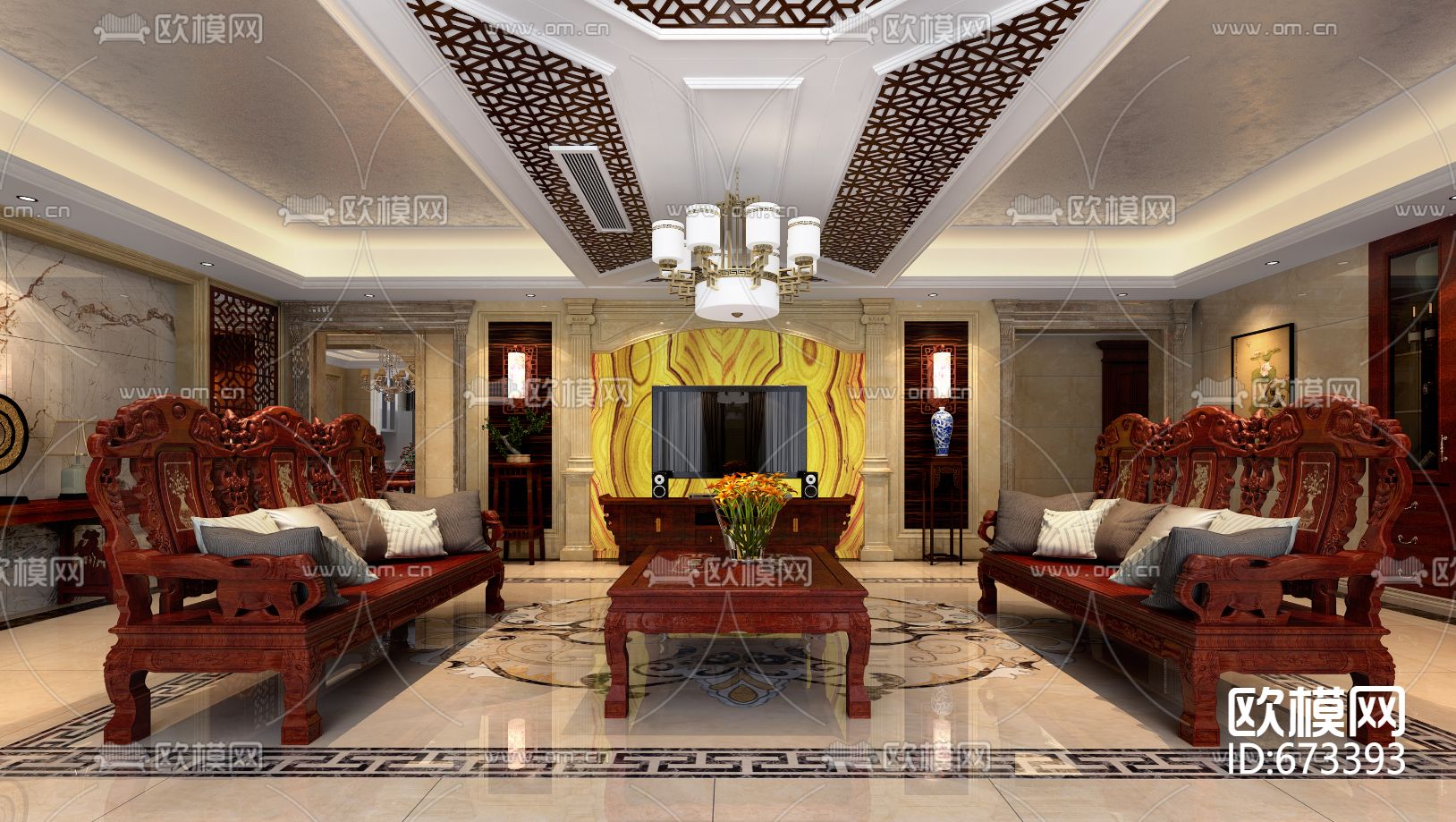 龙盛蓝郡中式别墅客餐厅CAD施工图下载（渲染图1）