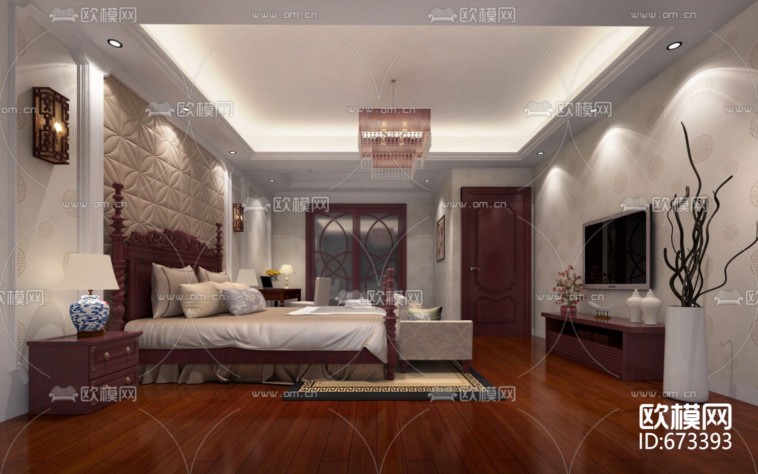 龙盛蓝郡中式别墅客餐厅CAD施工图下载（渲染图7）