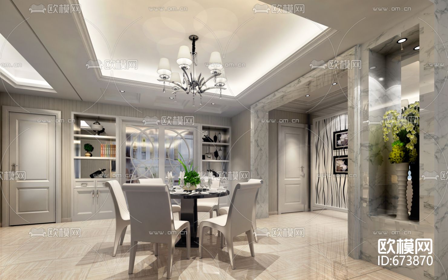 东湖明珠现代客餐厅卧室CAD施工图下载（渲染图7）