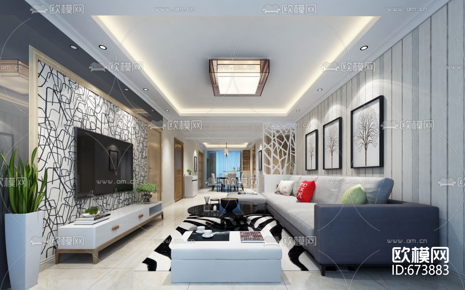 龙盛蓝郡现代客餐厅卧室CAD施工图下载（渲染图1）