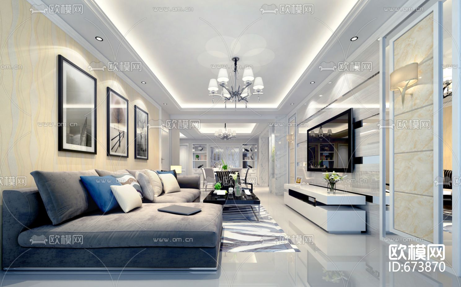 东湖明珠现代客餐厅卧室CAD施工图下载（渲染图1）