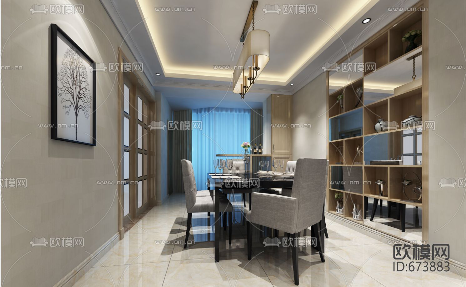 龙盛蓝郡现代客餐厅卧室CAD施工图下载（渲染图7）