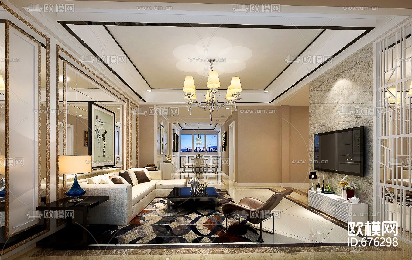 御龙湾现代客餐厅卧室CAD施工图下载（渲染图1）