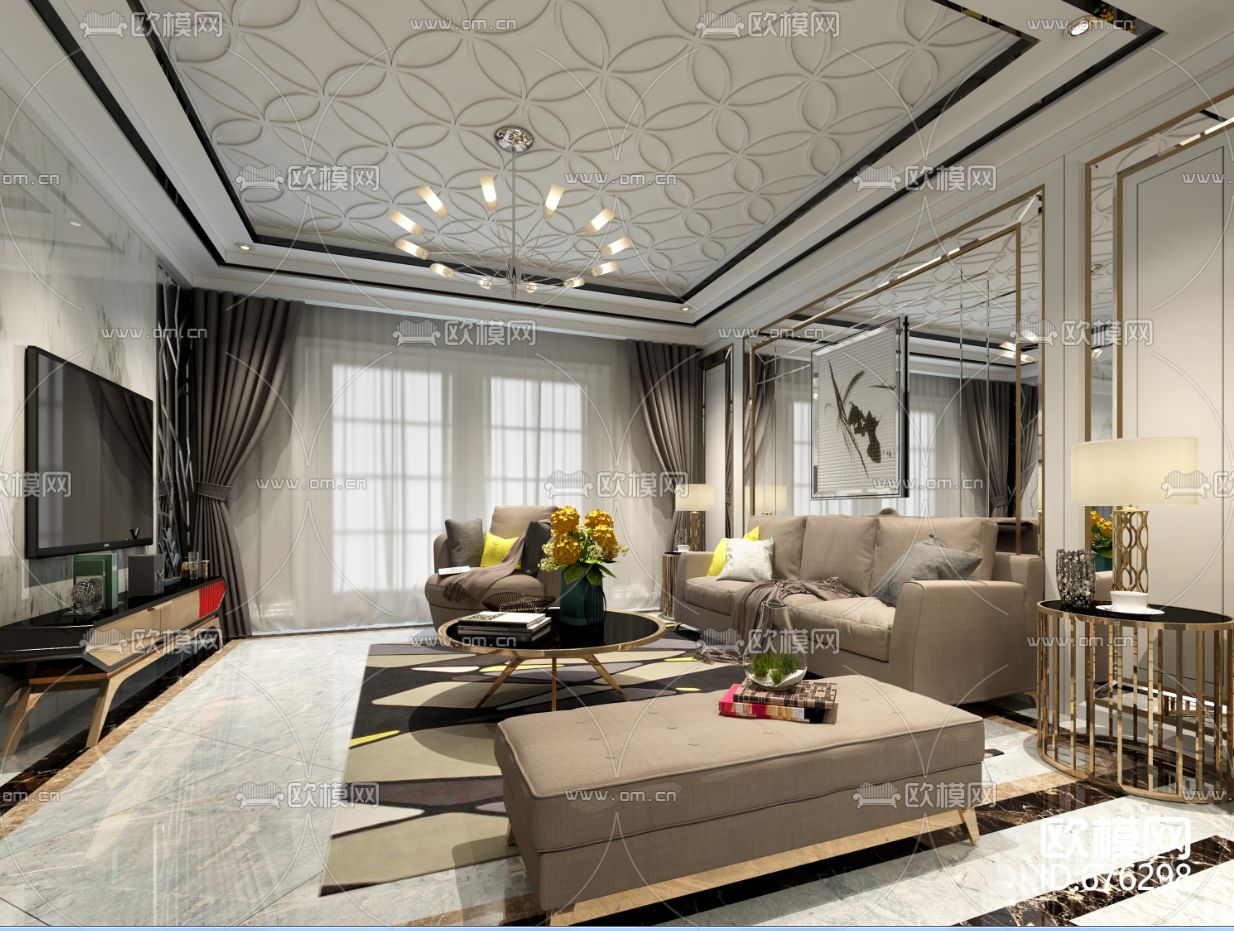 御龙湾现代客餐厅卧室CAD施工图下载（渲染图8）