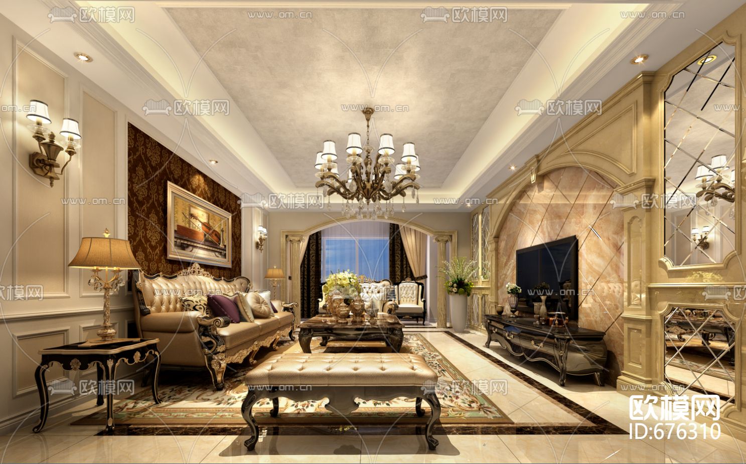 锦绣庄园新古典客餐厅卧室CAD施工图下载（渲染图1）