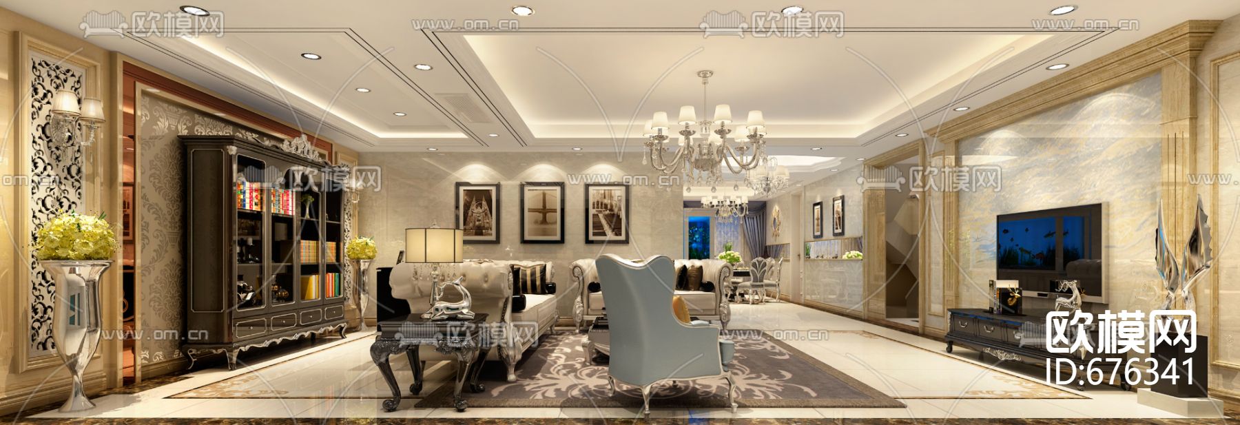 龙秋湾欧式客餐厅卧室CAD施工图下载（渲染图1）