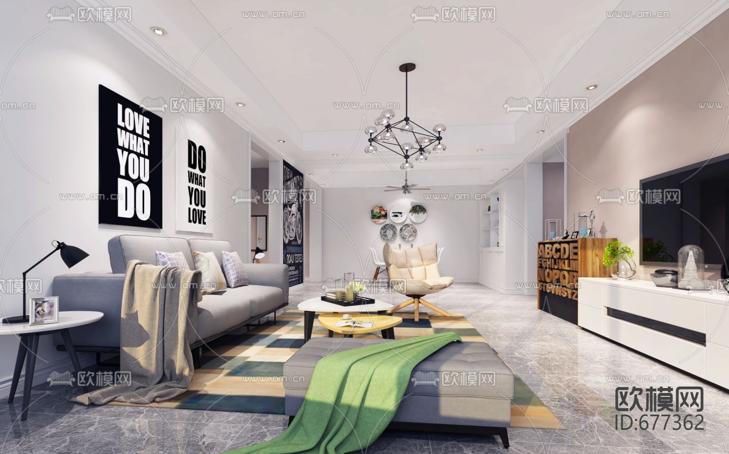 东湖雅苑北欧客餐厅卧室CAD施工图下载（渲染图1）