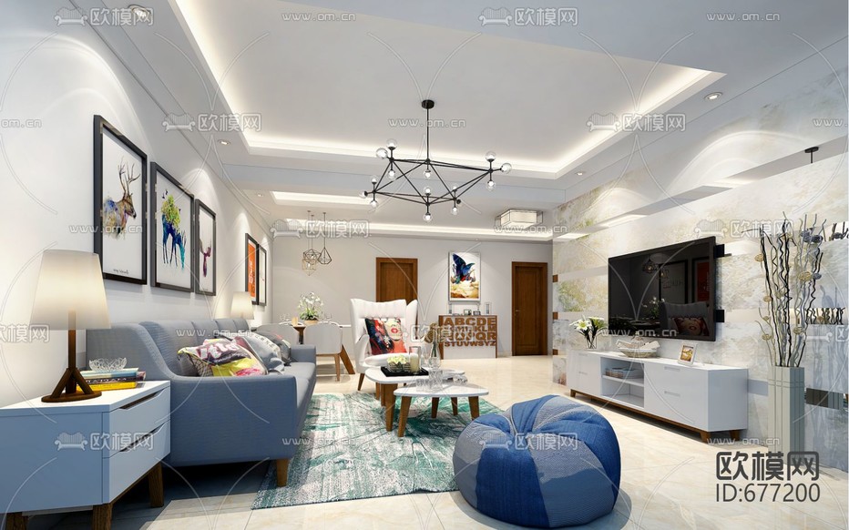 华丰小区现代客餐厅卧室CAD施工图下载(渲染图1)