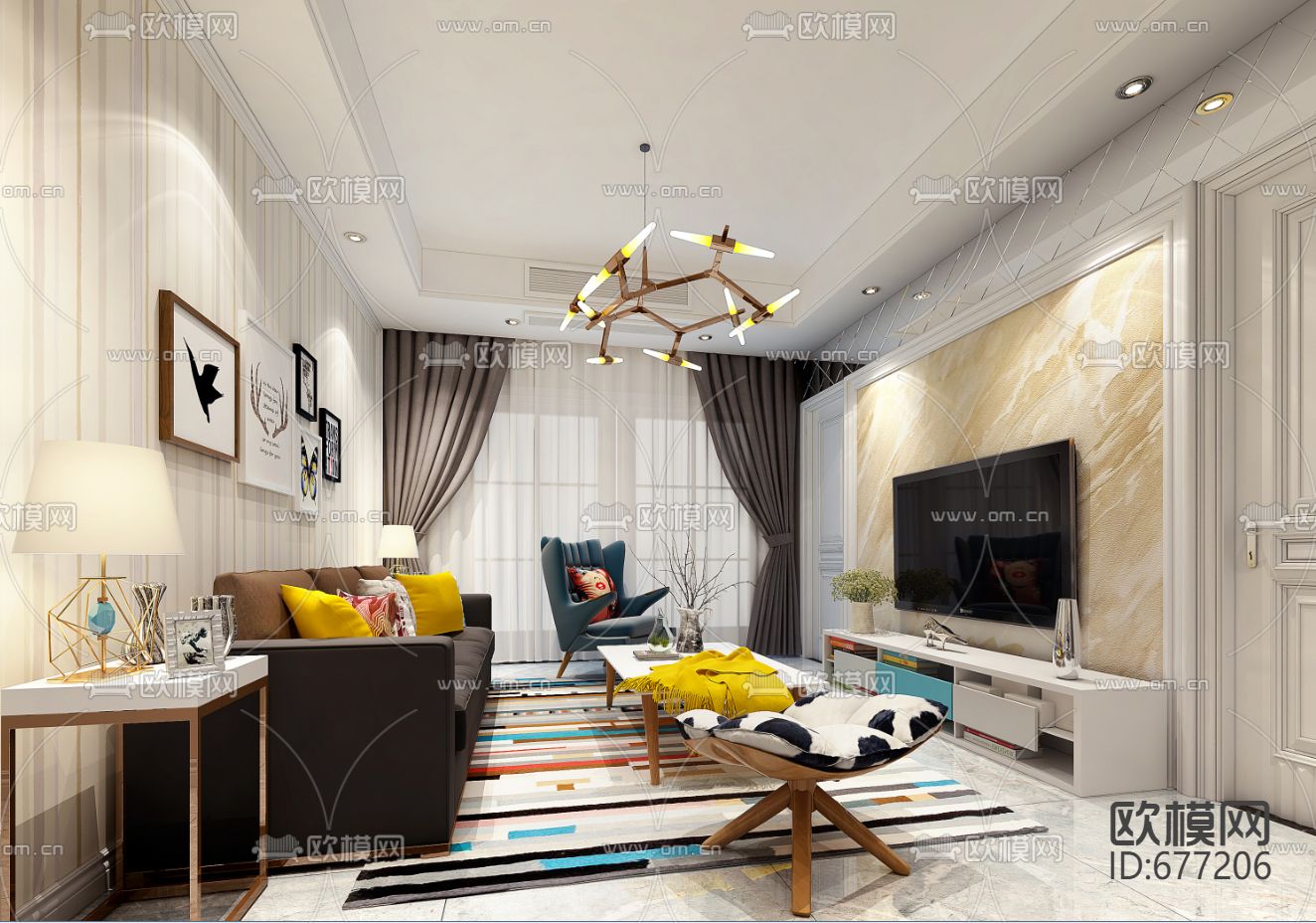 碧桂园现代客餐厅卧室CAD施工图下载（渲染图1）