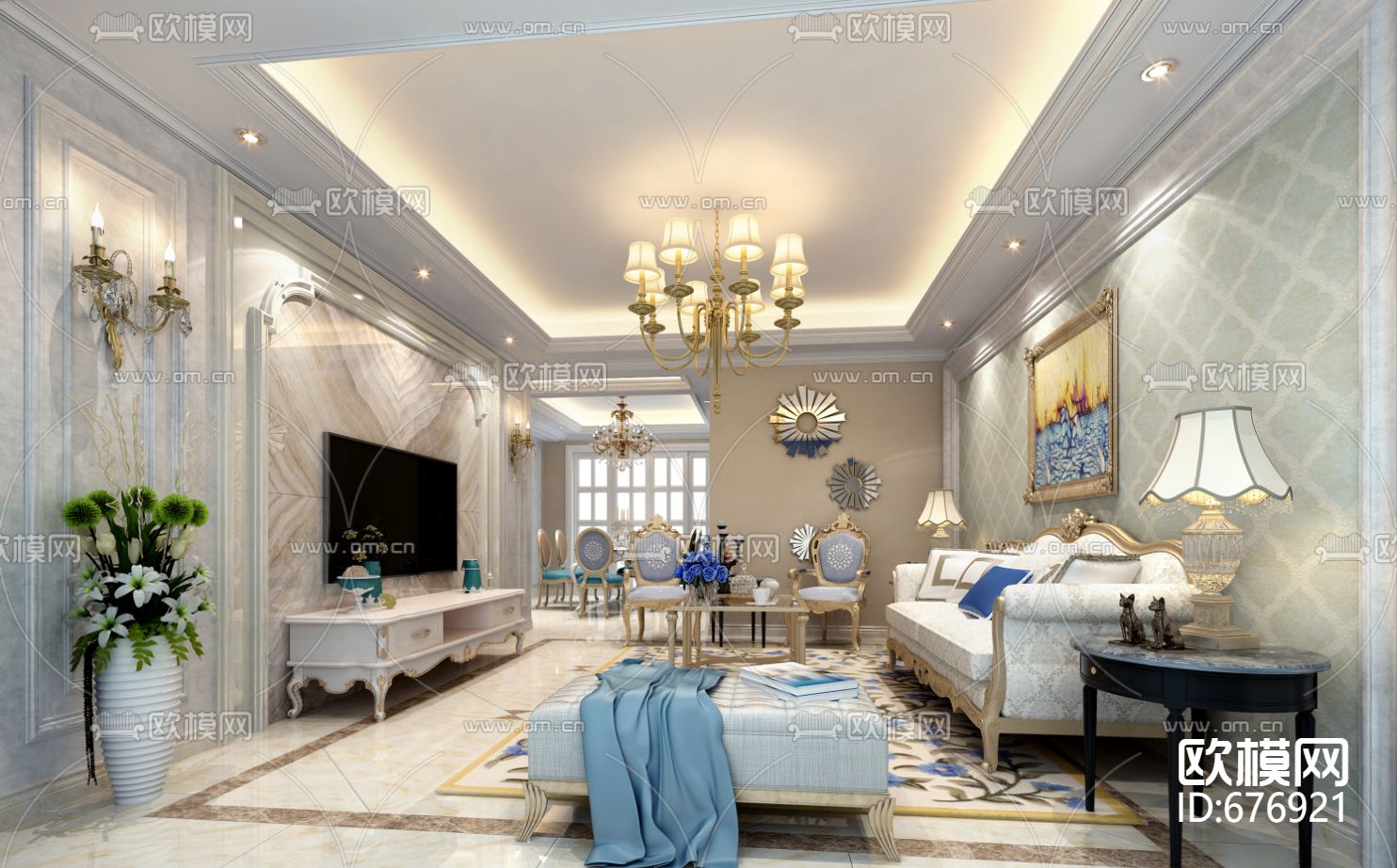 金色港湾欧式客餐厅卧室CAD施工图下载（渲染图1）