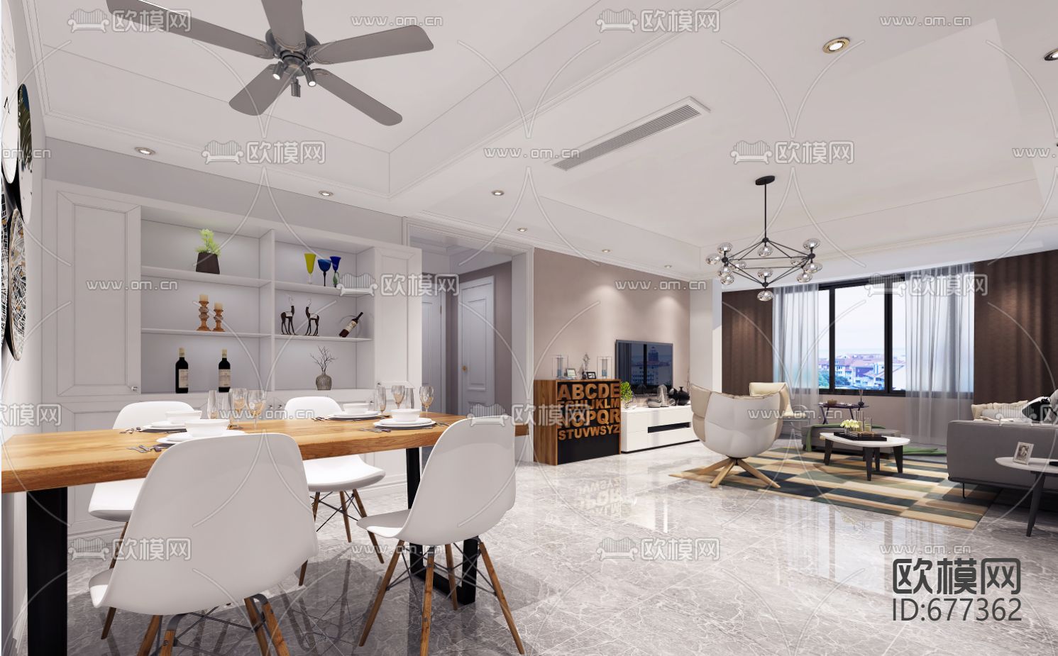 东湖雅苑北欧客餐厅卧室CAD施工图下载（渲染图7）