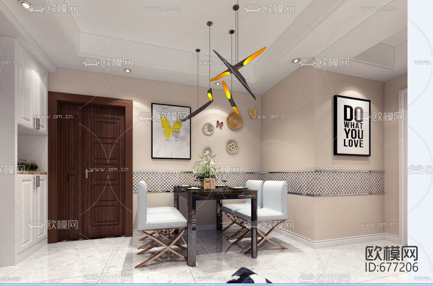 碧桂园现代客餐厅卧室CAD施工图下载（渲染图7）